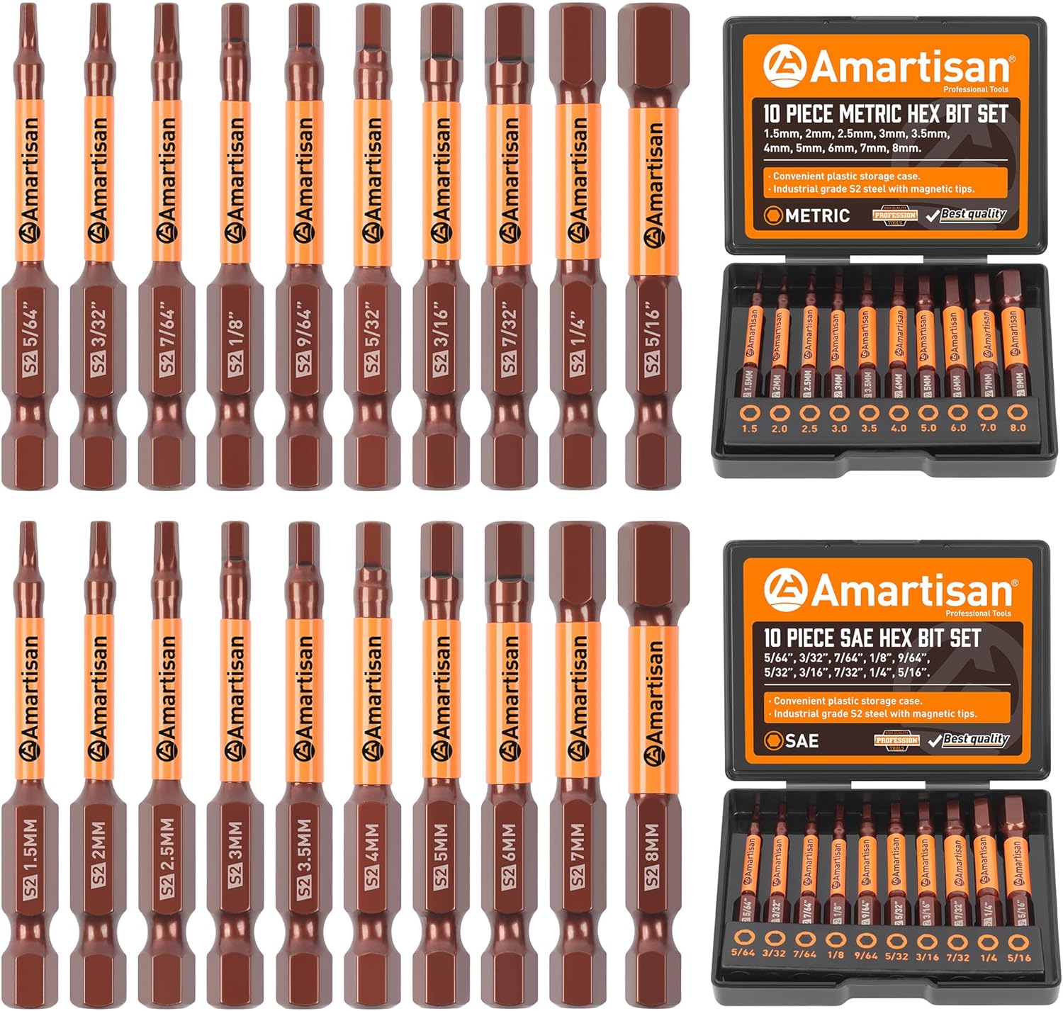 20-Piece Hex Head Allen Wrench Drill Bit Set, Metric and SAE S2 Steel Hex Bits Set, Magnetic Tips, 2.3" Long With Storage box - 20-Piece Hex Bit Set