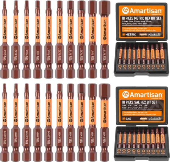 20-Piece Hex Head Allen Wrench Drill Bit Set, Metric and SAE S2 Steel Hex Bits Set, Magnetic Tips, 2.3" Long With Storage box - 20-Piece Hex Bit Set