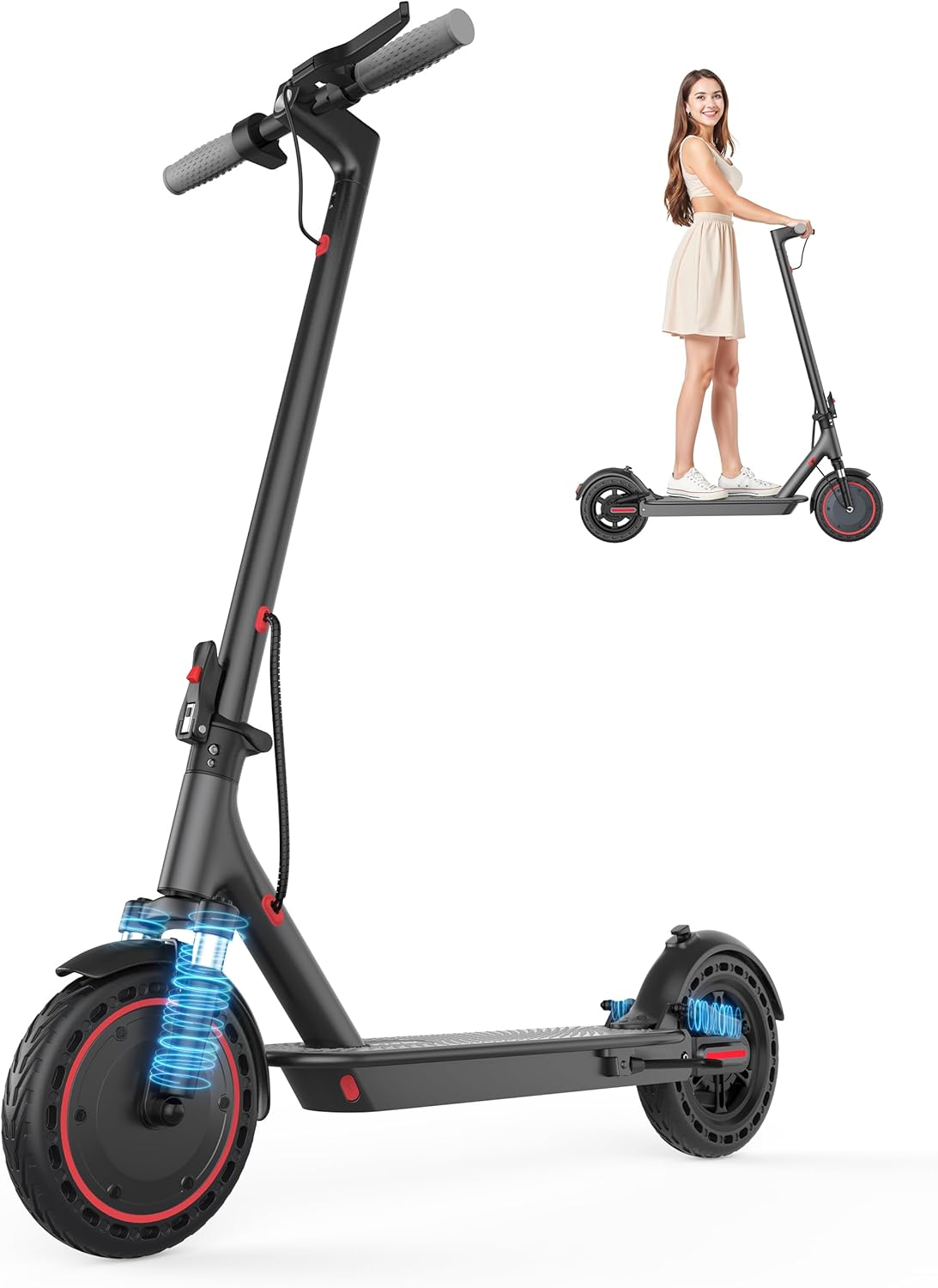Electric Scooter, 350W/500W Powerful Motor, 8.5"/10" Solid Tires, 19/22Mph, 28/23/21/16 Miles Max Range, Dual Braking 8.5''-Dual Suspension-350W-21Miles