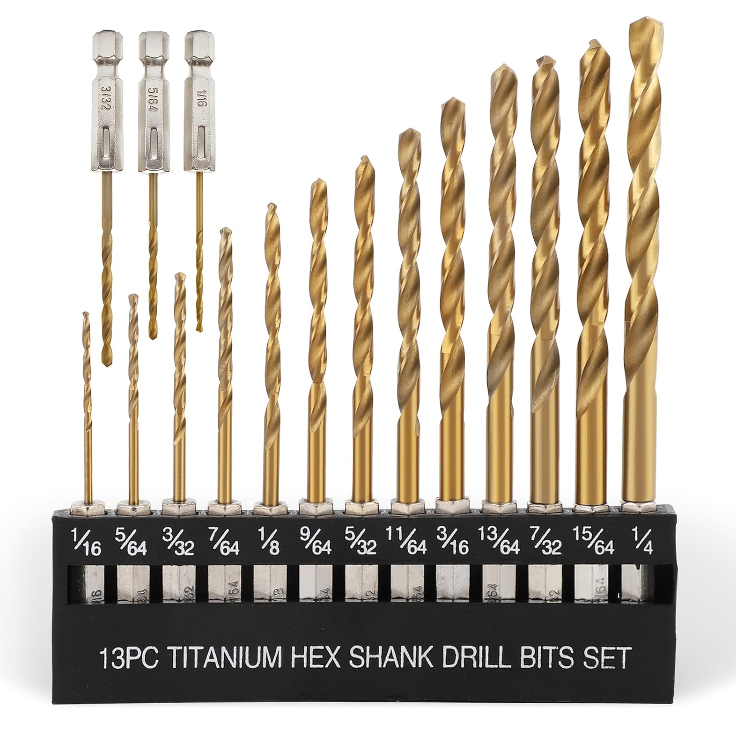 Titanium Twist Drill Bit Set - 16 Pcs Hex Shank High Speed Steel for Wood Plastic Aluminum Alloy, Quick Change, 1/16"-1/4" Gold