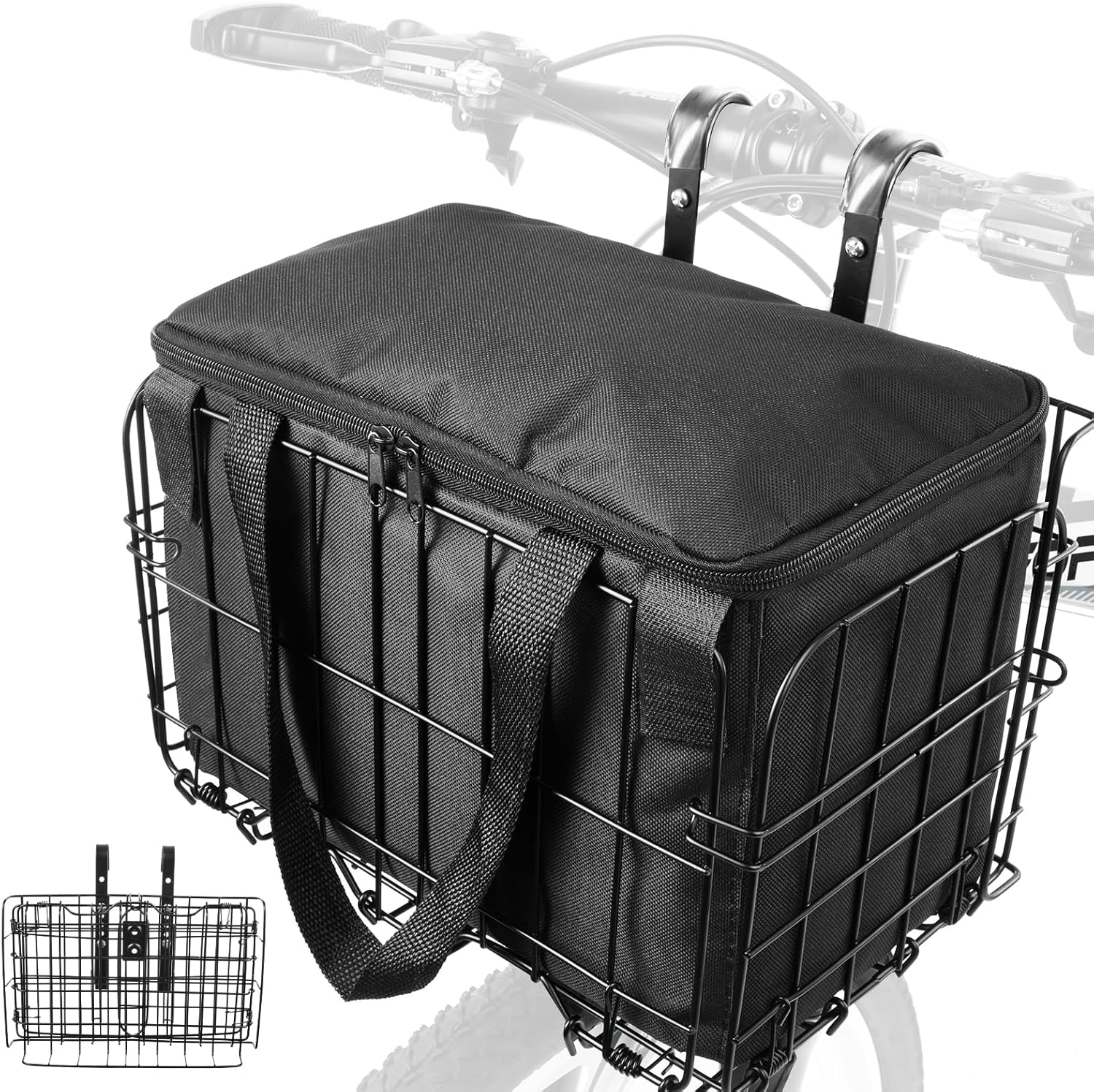 Folding Bicycle Bike Basket Front with Removable Liner Bag, Large Quick Release Design Metal Ebike Basket for Adult Women/Men Carrying Dogs, Pets, Fruit & Grocery Front Basket With Bag