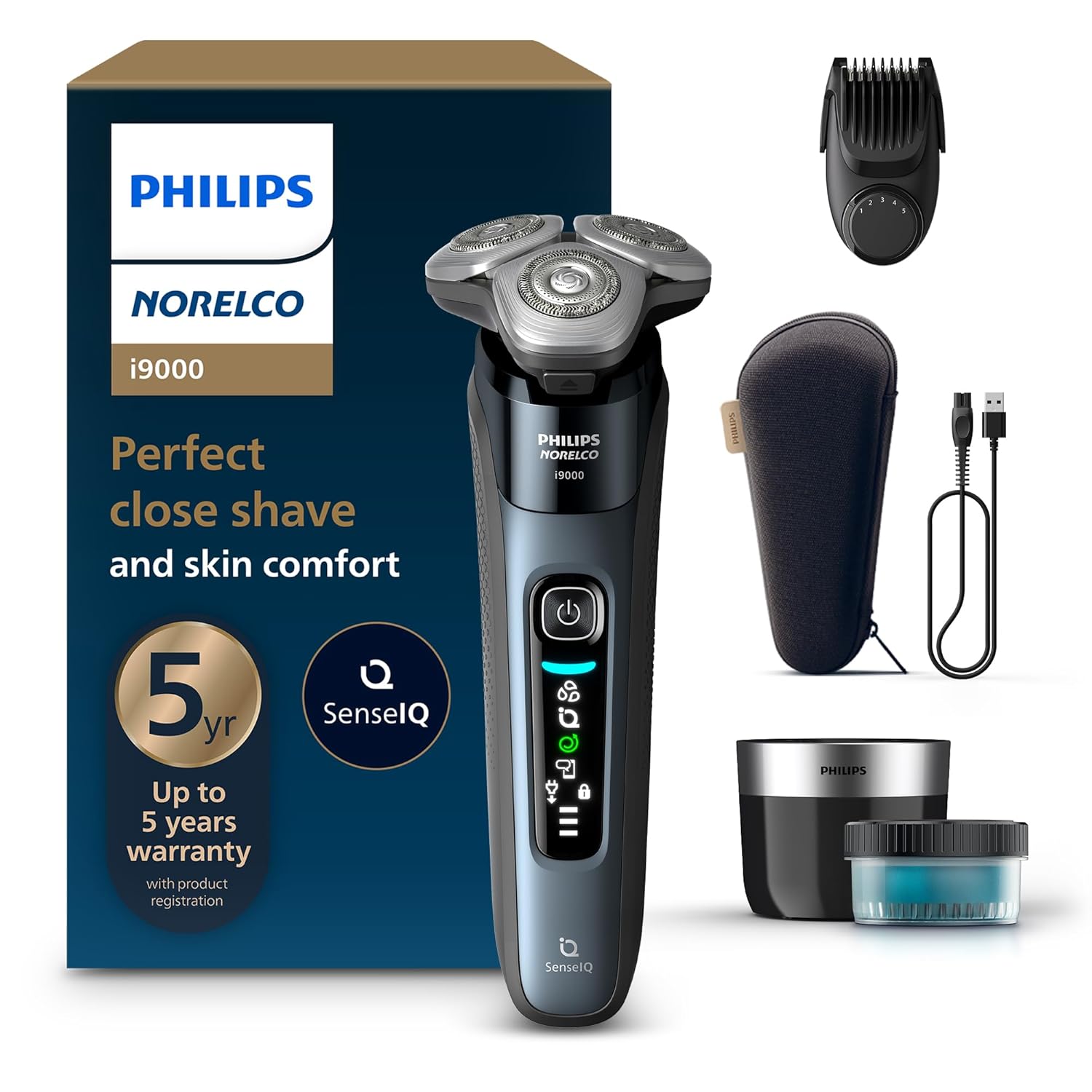 Philips Norelco Shaver i9000, Wet & Dry Electric Shaver, Taubenblau, SenseIQ Technology, Triple Lift & Cut System, 360 Rotating Dual SteelPrecision Precision Blades, Beard Styler, Model X9001/91 i9000 + QCP & Trimmer Gray
