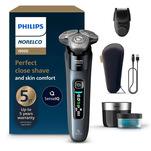 Philips Norelco Shaver i9000, Wet & Dry Electric Shaver, Taubenblau, SenseIQ Technology, Triple Lift & Cut System, 360 Rotating Dual SteelPrecision Precision Blades, Beard Styler, Model X9001/91 i9000 + QCP & Trimmer Gray