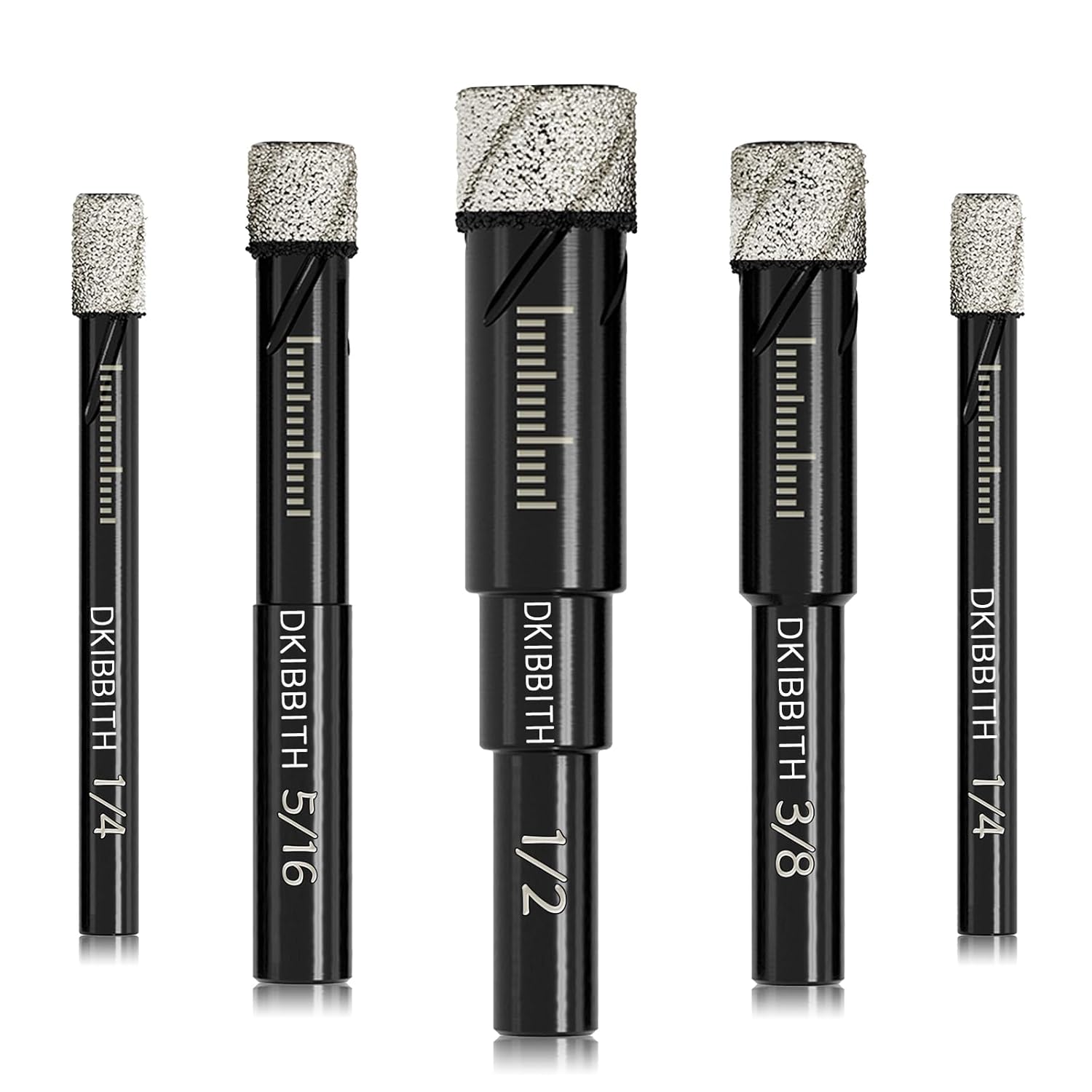Dry Diamond Drill Bits Set, 5 Pcs Tile Drill Bits for Porcelain, Ceramic, Granite, Marble, Stone, Glass Hard Materials, Round Shank 1/4", 5/16", 3/8", 1/2" Drill Bits, with Storage Case 5 Pcs Diamond Bits