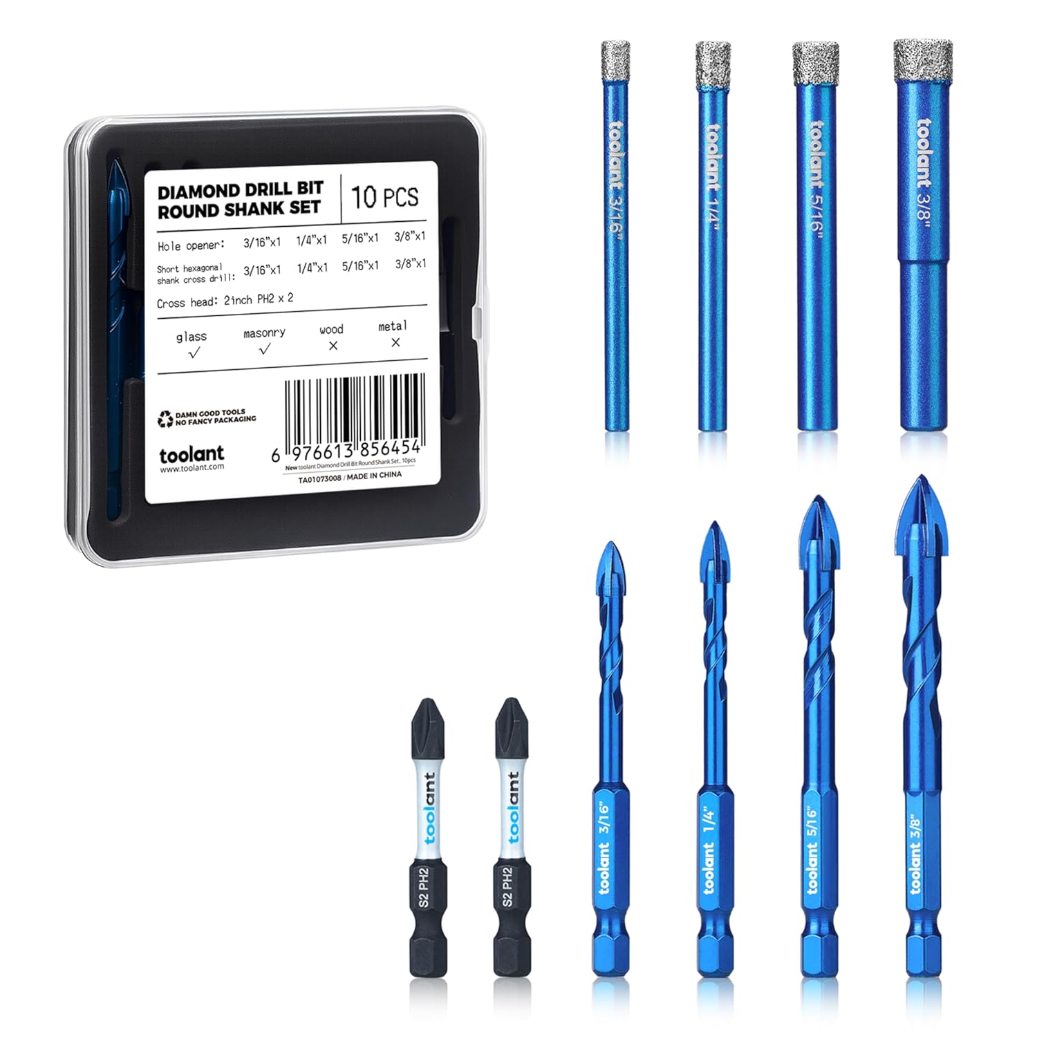 10PCS Diamond Drill Bits Set, Tile Drill Bits for Ceramic,Glass, Porcelain,Marble and Granite, Ceramic Drill Bit for pots with Cooling Wax, 1/4" Round Shank,3/16"-3/8" 3/16"-3/8"(10PCS)
