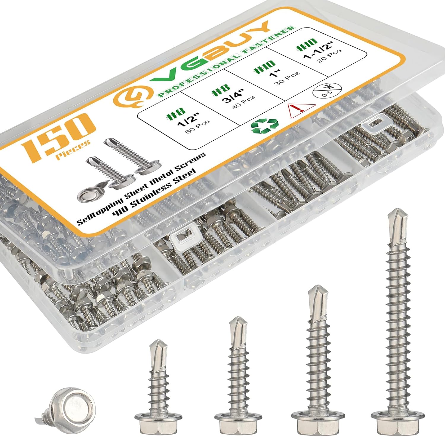150Pcs Self Drilling Screws Assortment Kit, 410 Stainless Steel Self Tapping Sheet Metal Screws, #8 1/2" 3/4" #10 1" 1-1/2", Hex Washer Head Silver