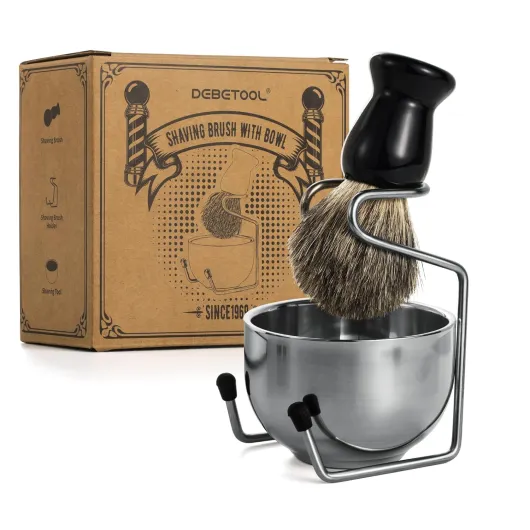 Shaving Brush Set for Men – Pure Badger Hair Shaving Brush and Bowl, Exfoliating Shaving Cream Brush Gifts for Fathers Day