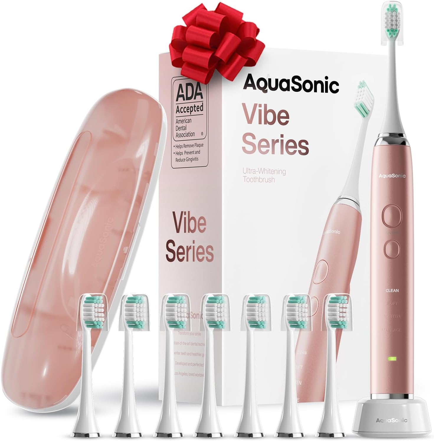 Vibe Series Ultra-Whitening Toothbrush – ADA Accepted Electric Toothbrush - 8 Brush Heads & Travel Case – 40,000 VPM Motor & Wireless Charging - 4 Modes w Smart Timer – Satin Rose Gold