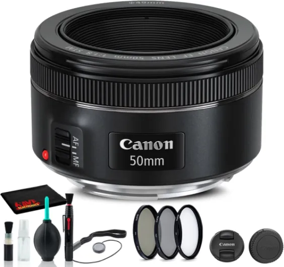 Canon EF 50mm f/1.8 STM Lens (0570C002) + Filter Kit + Cap Keeper + Cleaning Kit + More (Renewed)