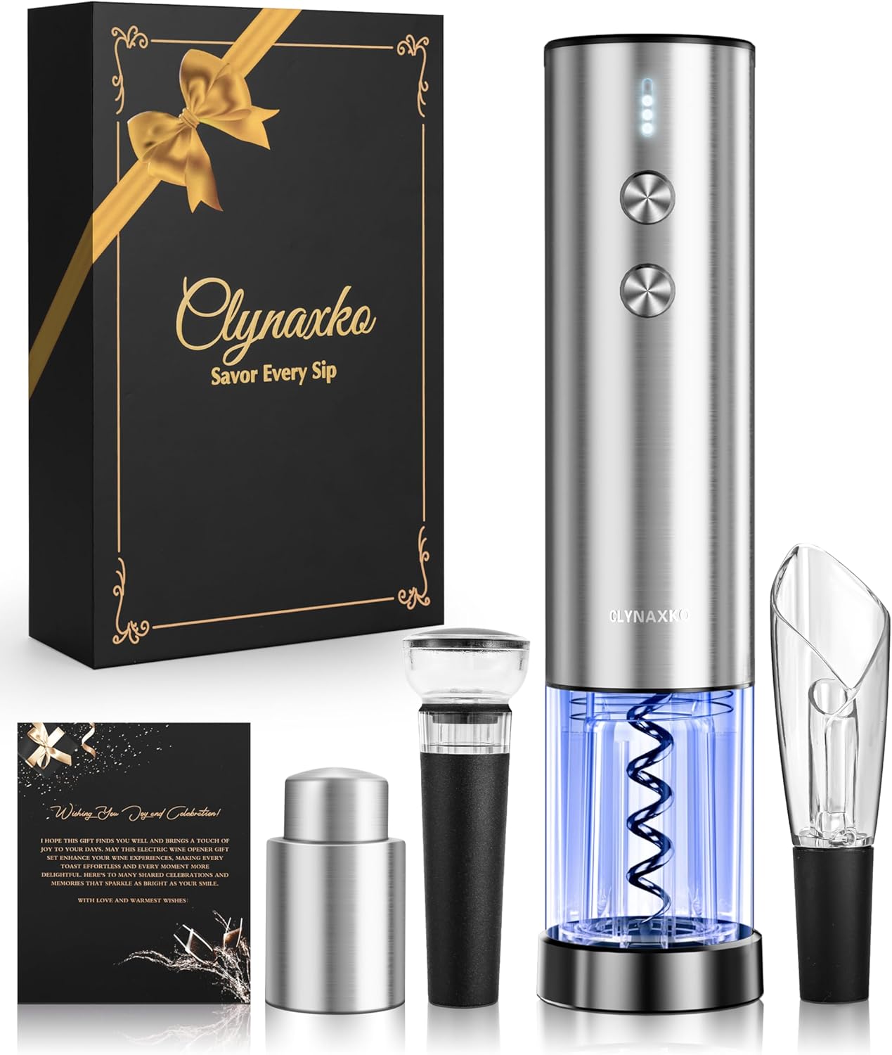Electric Wine Opener Set - Premium Wine Gifts with Wine Opener, Foil Cutter, Wine Aerator, Vacuum Stopper, and Elegant Gift Box - Ideal Christmas Gift for Unforgettable Moments Stainless Steel