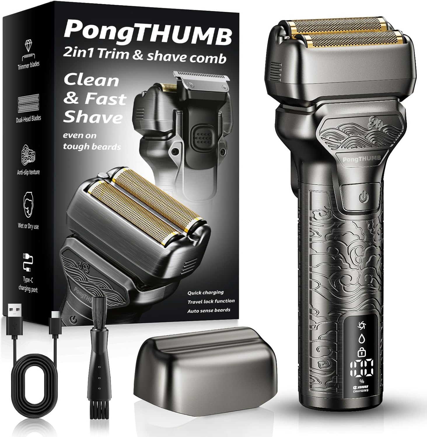 Electric Razor for Men Face: Rechargeable Foil Shaver with Push-Up Trimmer - Cordless Wet/Dry/Anti-Slip Waterproof Shavers with LED Display - Metal Handheld Design, Gray Silver Gift
