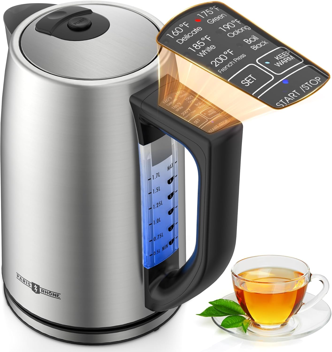 Electric Kettle Temperature Control, 1.7L Stainless Steel Tea Pot, Hot Water Boiler with LED Light,1500 Watts for Fast Heat Up, Strix Thermostat, Auto Shut-Off, Boil-Dry Protection, Keeping Warm Metallic Silver