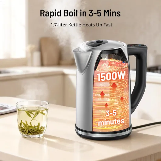 Electric Kettle Temperature Control, 1.7L Stainless Steel Tea Pot, Hot Water Boiler with LED Light,1500 Watts for Fast Heat Up, Strix Thermostat, Auto Shut-Off, Boil-Dry Protection, Keeping Warm Metallic Silver