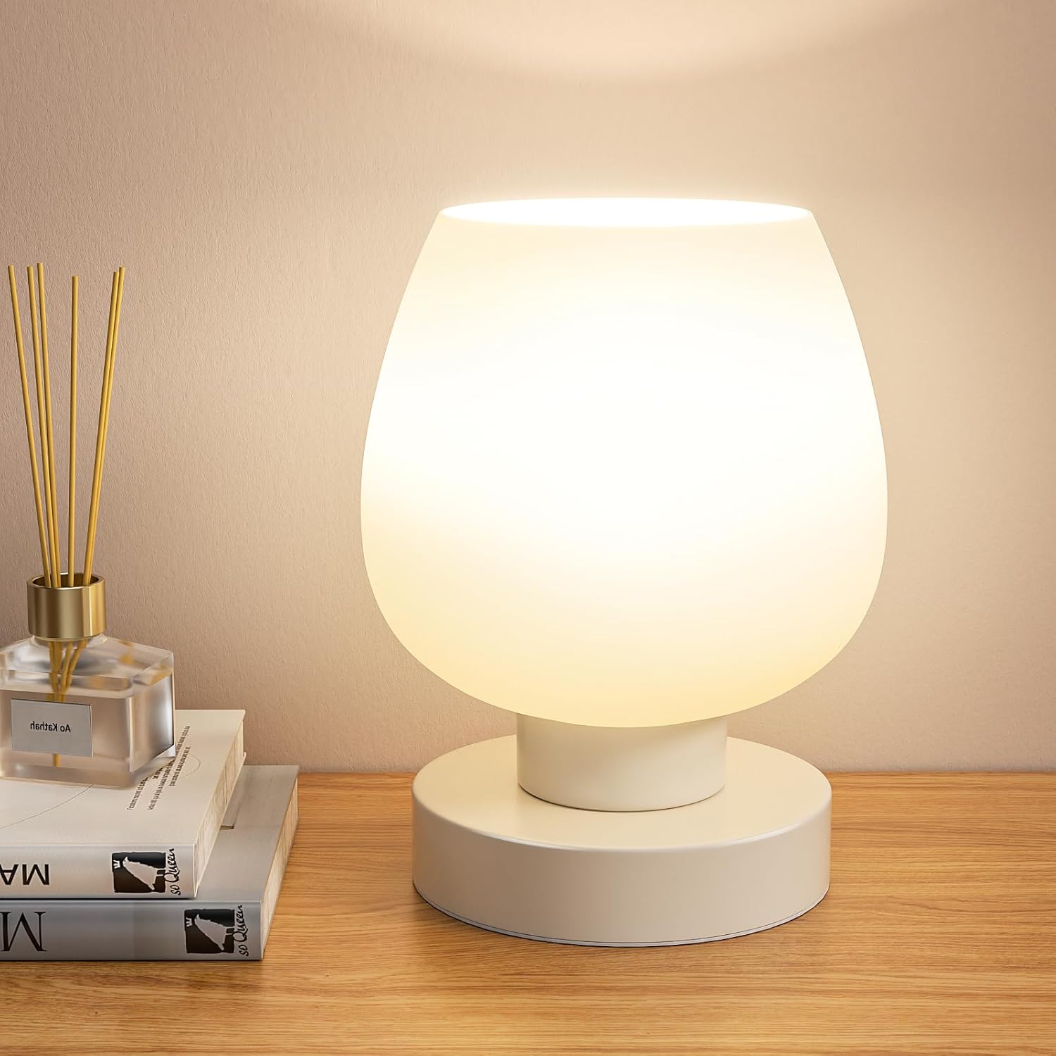 Touch Table Lamp for Nightstand - Small Bedside Lamp for Bedroom Night Stands, Desk Lamp with White Glass Shade for Small Spaces Living Room, 3 Way Dimmable, LED Bulbs, Gifts White 1Pack Non-USB