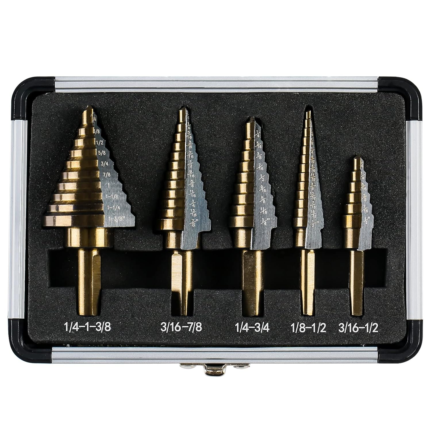 Step Drill Bits, 5PCS HSS Titanium Step Drill Bit Set, 50 Sizes High Speed Steel Step Bits for Metal with Aluminum Case 5 PC Set