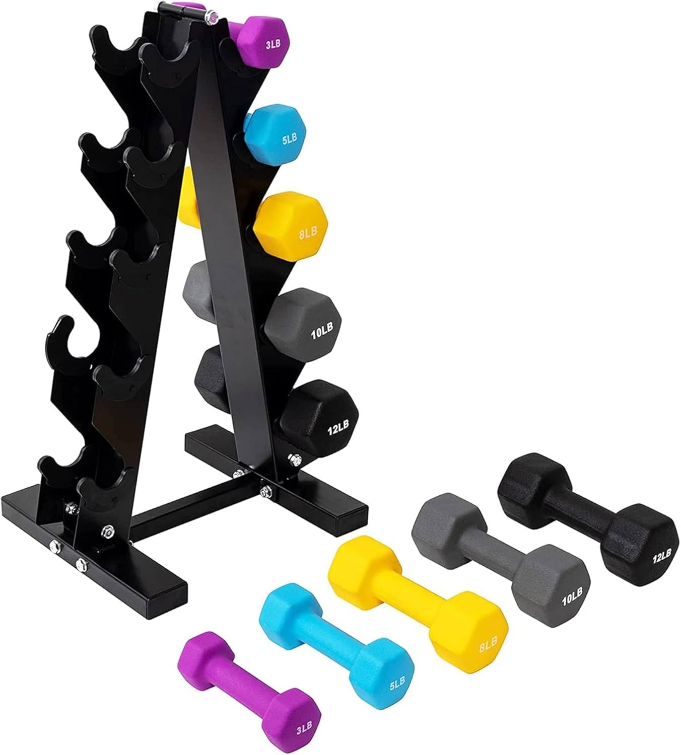 Neoprene Coated Iron Dumbbell Hex Weights Set with Stand – Color-Coded or Black Options with Non-Slip Grip for Strength Training, Resistance Workouts, and Home Gym Fitness 76LB Set