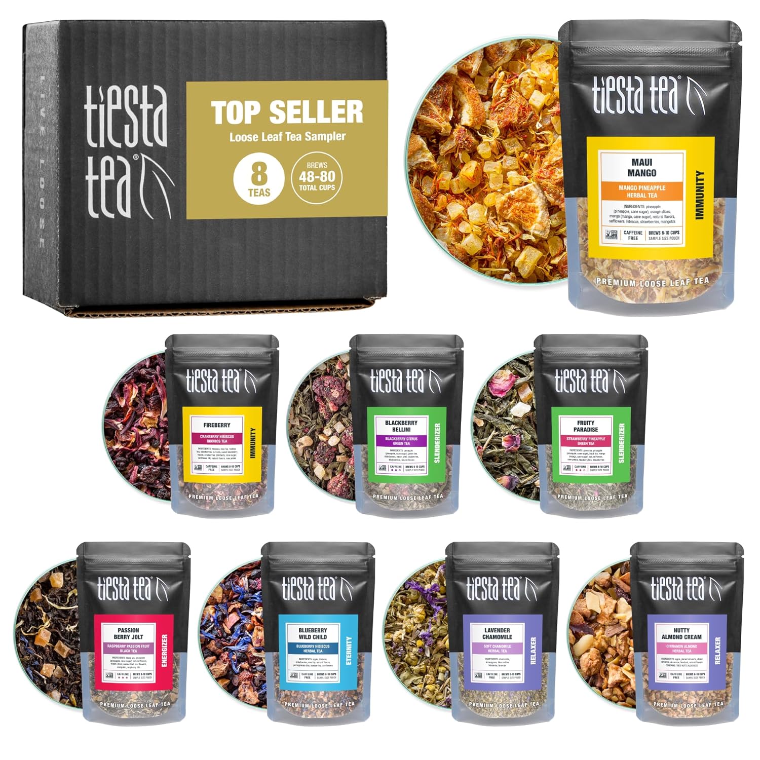 Loose Leaf Tea Sampler Set - Assorted Real Fruit, Herbal, Spices, Black & Chai Brew, High to No Caffeine, Hot or Iced Tea Variety, 8 Sample Pouches, Up to 80 Cups, Seasonal Flavors Best Seller Tea Sampler Set