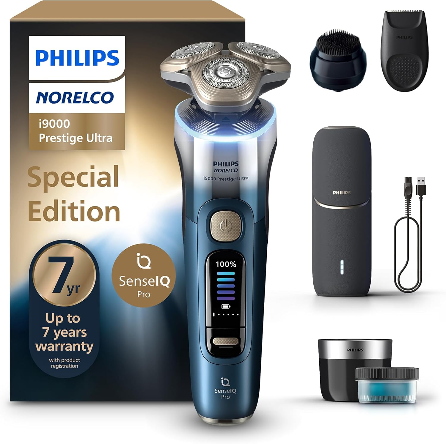 Philips Norelco Shaver i9000 Prestige Ultra Special Edition - Wet & Dry Electric Shaver, SenseIQ Pro Technology, Triple Lift & Cut System, 360 Rotating NanoTech Precision Blades, Model XP9406/93 Black i9000 Prestige+UV Charge Case,QCP,Trimmer & Brush