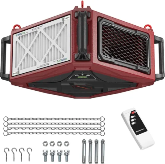 1080 CFM Intake Air Filtration System, 270 Degree Workshop Dust Collector with Remote Control, Ceiling Mounted for Woodworking Shops and Garage, 2-speed Adjustment, DecDust 1080