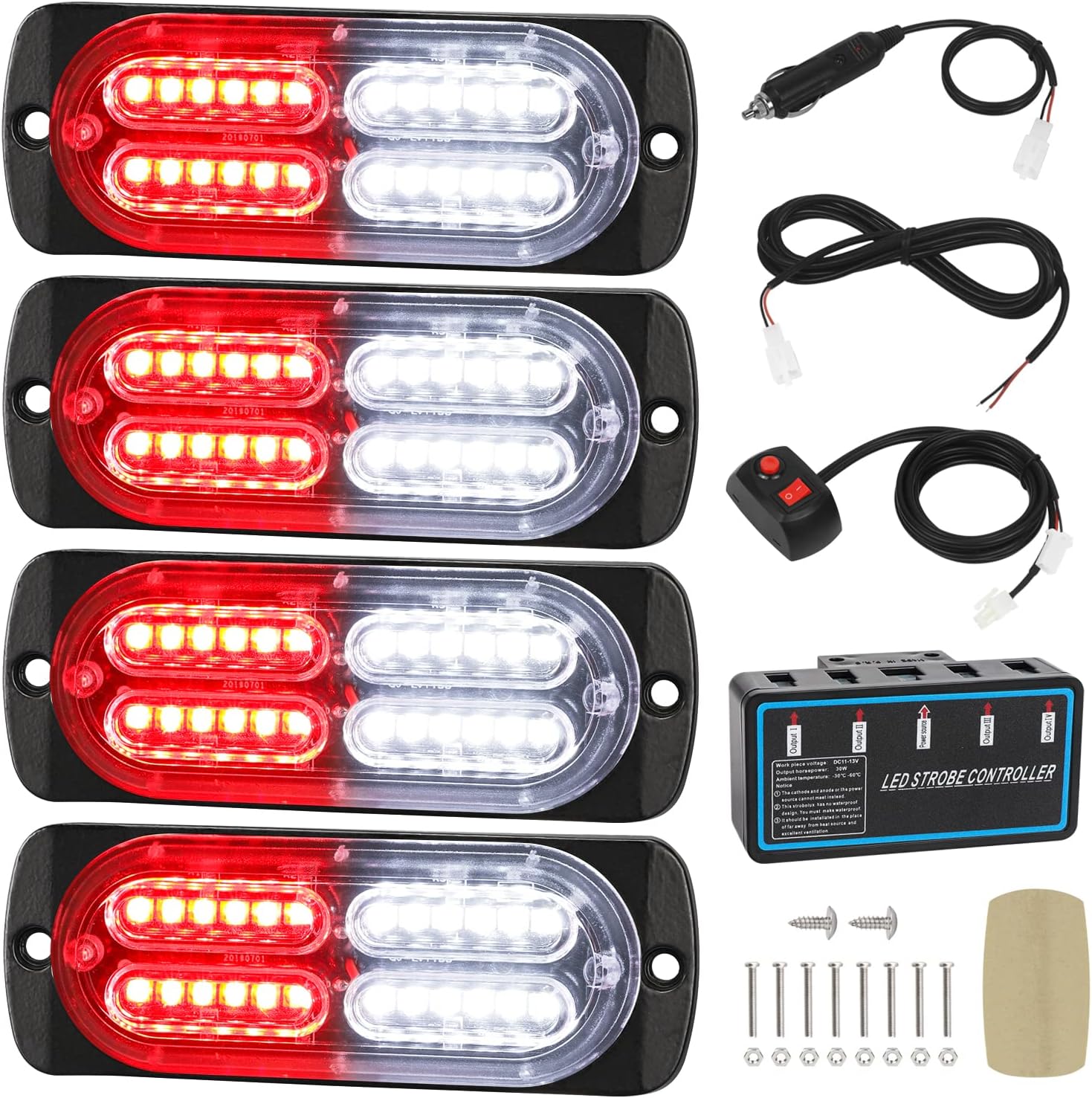 4pcs Ultra Slim Sync Feature 24-LED Car Truck Surface Mount Emergency Hazard Warning Strobe light (Red&White)