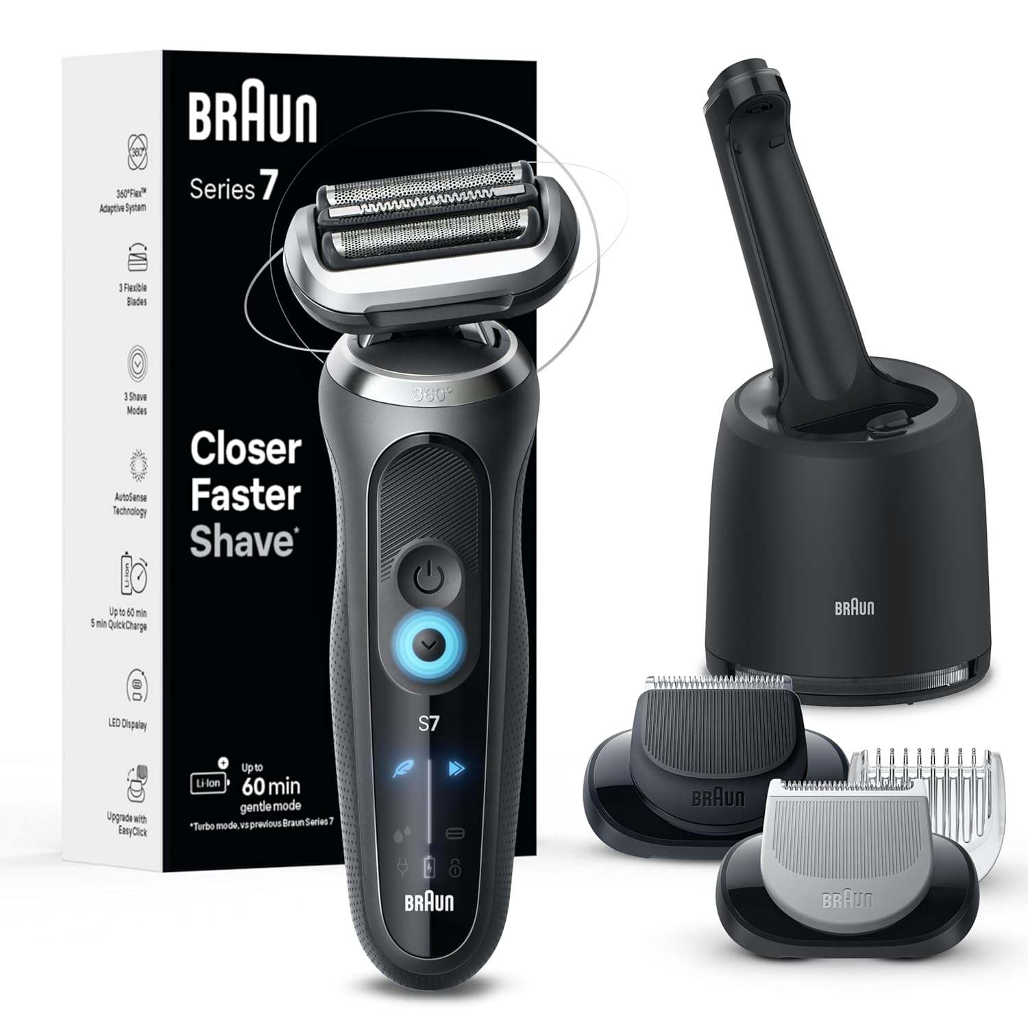 Electric Shaver for Men, Series 7 7177cc, Wet & Dry Shave, Turbo & Gentle Shaving Modes, Waterproof Foil Shaver, Space Grey Grey 10 Piece Set