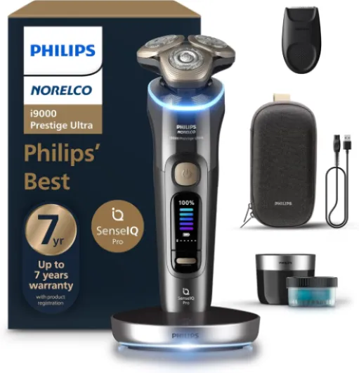 Philips Norelco Shaver i9000 Prestige Ultra, Wet & Dry Electric Shaver, Dark Slate, SenseIQ Pro Technology, Triple Lift & Cut System, 360 Rotating NanoTech Precision Blades, Quick Clean Pod, XP9402/86 Black i9000 Prestige + Charge Stand, QCP & Trimmer