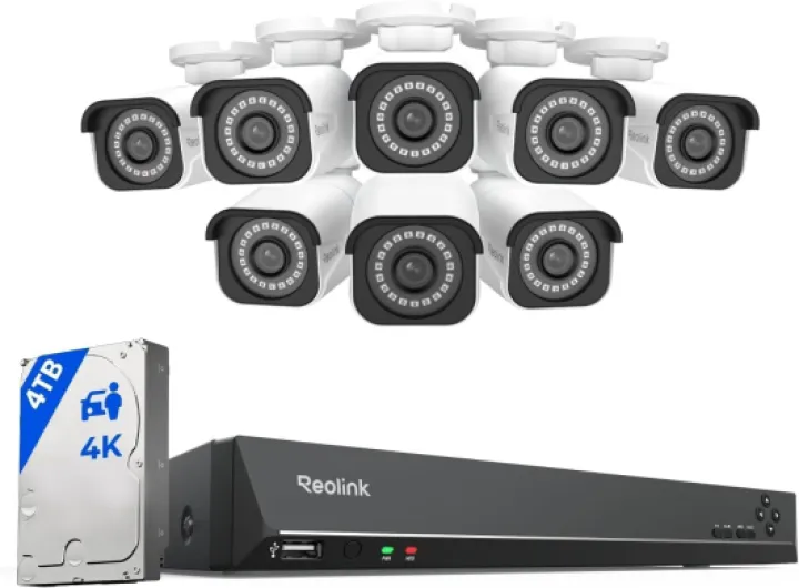 4K Security Camera System, RLK16-800B8 8pcs H.265 PoE Wired with Person Vehicle Detection, 8MP/4K 16CH NVR with 4TB HDD for 24-7 Recording