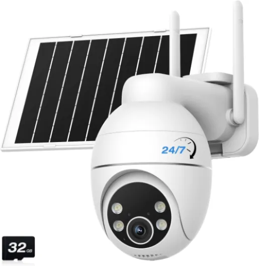 Solar Camera Outdoor Wireless, 2K Color Night Vision, Always-on-Video Security Camera Wireless Outdoor, Smart 24/7 Recording, Auto-Tracking, 2.4GHz Wi-Fi, IP65, Alexa White WiFi-24/7 Recording
