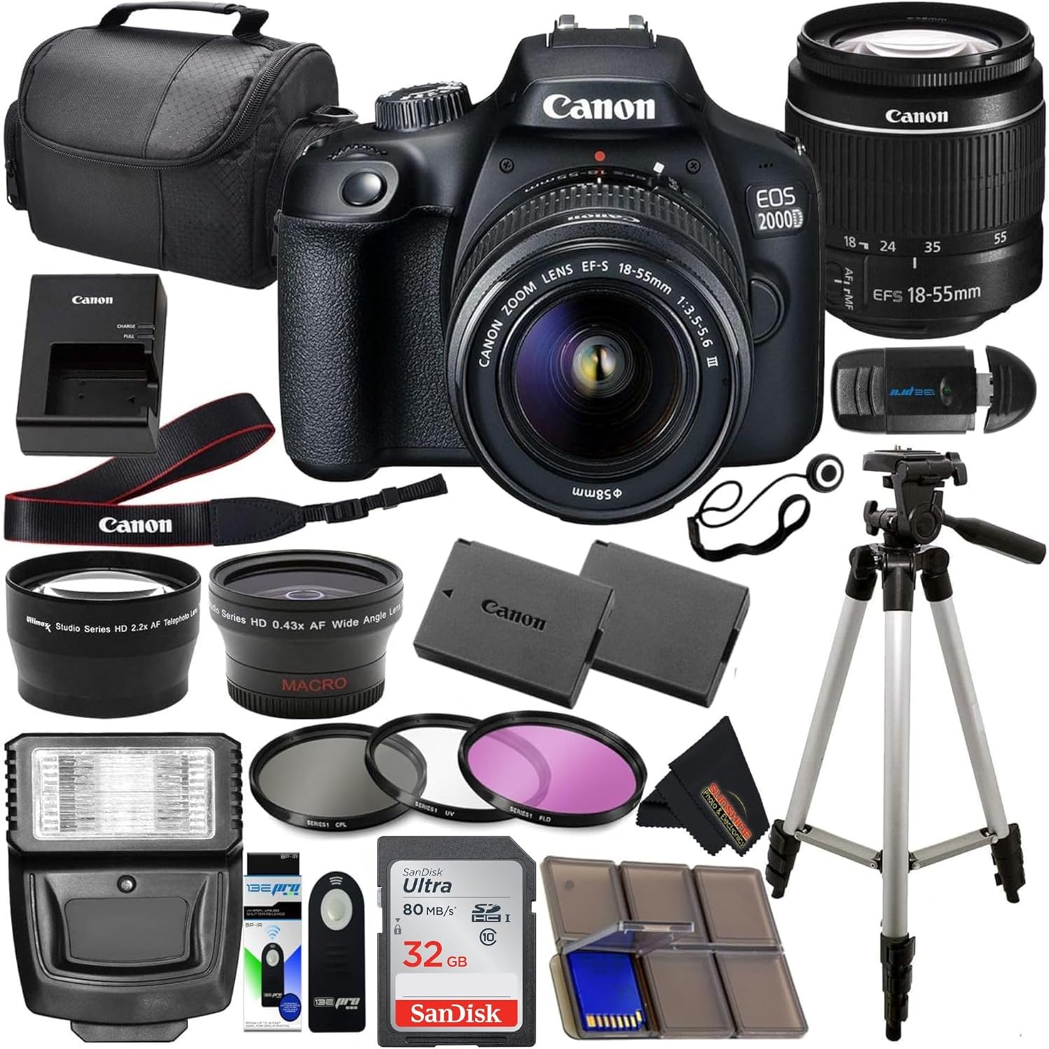 Canon EOS 2000D (Rebel T7) DSLR with 18-55mm Lens 3 Lens Kit and Sunshine Photo Accessories Bundle (Renewed) Camera + 3 Lens Kit + Accessories Bundle