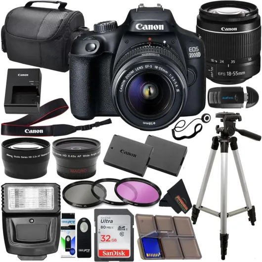 Canon EOS 2000D (Rebel T7) DSLR with 18-55mm Lens 3 Lens Kit and Sunshine Photo Accessories Bundle (Renewed) Camera + 3 Lens Kit + Accessories Bundle