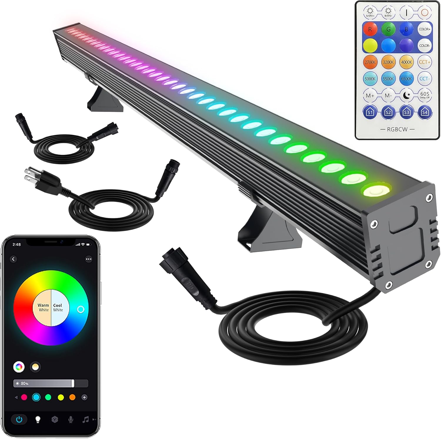 Linkable RGBCW LED Wall Washer Light, IP65 Waterproof Color Changing Light Bar for Outdoor Wall Wash, 180W Dimmable Uplight with APP & RF Remote Control, Music Sync, Timer 40" Adjustable Color(RGB+2700-6500K)