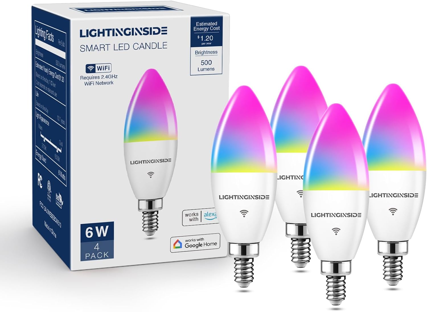 E12 Smart Light Bulbs 60W Equiv., Work with Alexa/Google Home/Smart Life, 500LM 6W RGBCW Candle Candelabra LED Light Bulbs, No Hub Required, 2.4G WiFi Bluetooth Bulb, ETL Listed, 4PCS 4 Count (Pack of 1) Multicolor