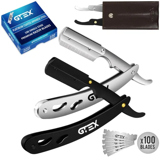 Straight Razors For Men 100 GTEX Barber Razor Blades - 2 Professional Single Blade Razors for Men Navajas Para Barbero Straight Edge Razor Barber Beard Razor Shavette Shaving Razor Kit Silver and Black