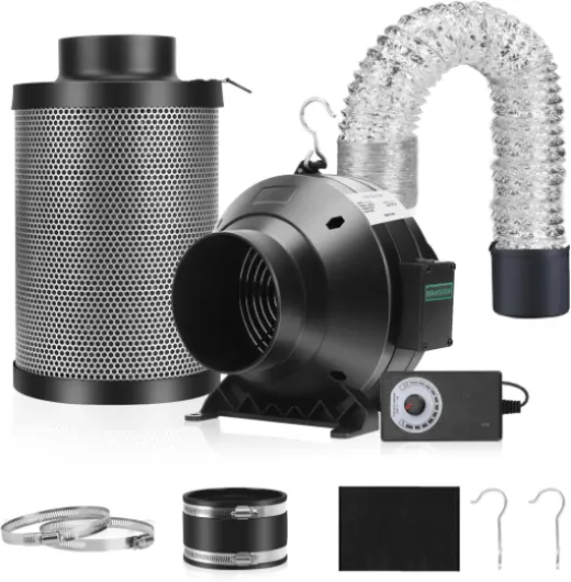 Air Filtration Kit, 4" 190 CFM Inline Duct Fan with Speed Controller, 12" High Carbon Filter, 8 Ft Ducting & Rubber Coupler, Air Cooling and Filtration Kit for Grow Tent, Hydroponics 4" Kit