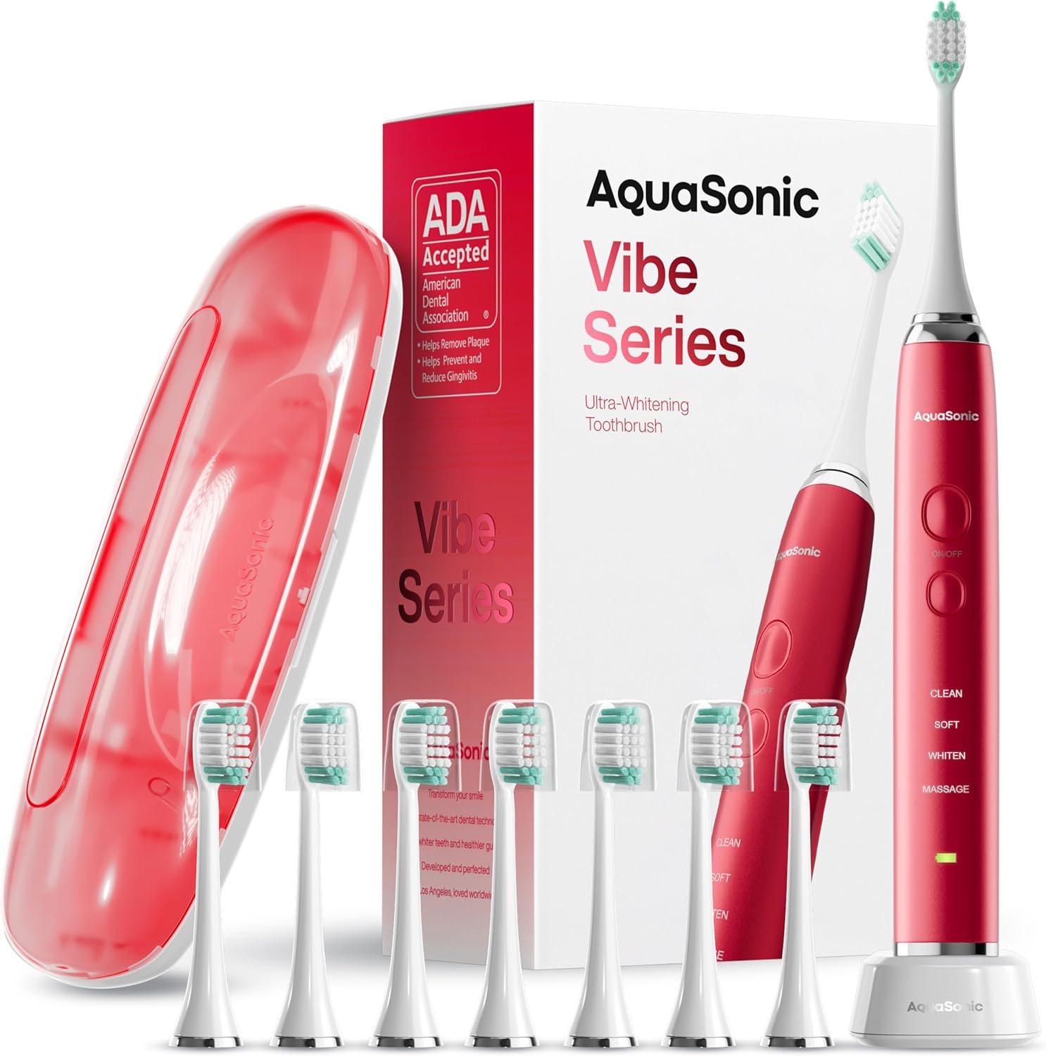 Vibe Series Ultra-Whitening Toothbrush – ADA Accepted Electric Toothbrush - 8 Brush Heads & Travel Case – 40,000 VPM Motor & Wireless Charging - 4 Modes w Smart Timer – Ruby