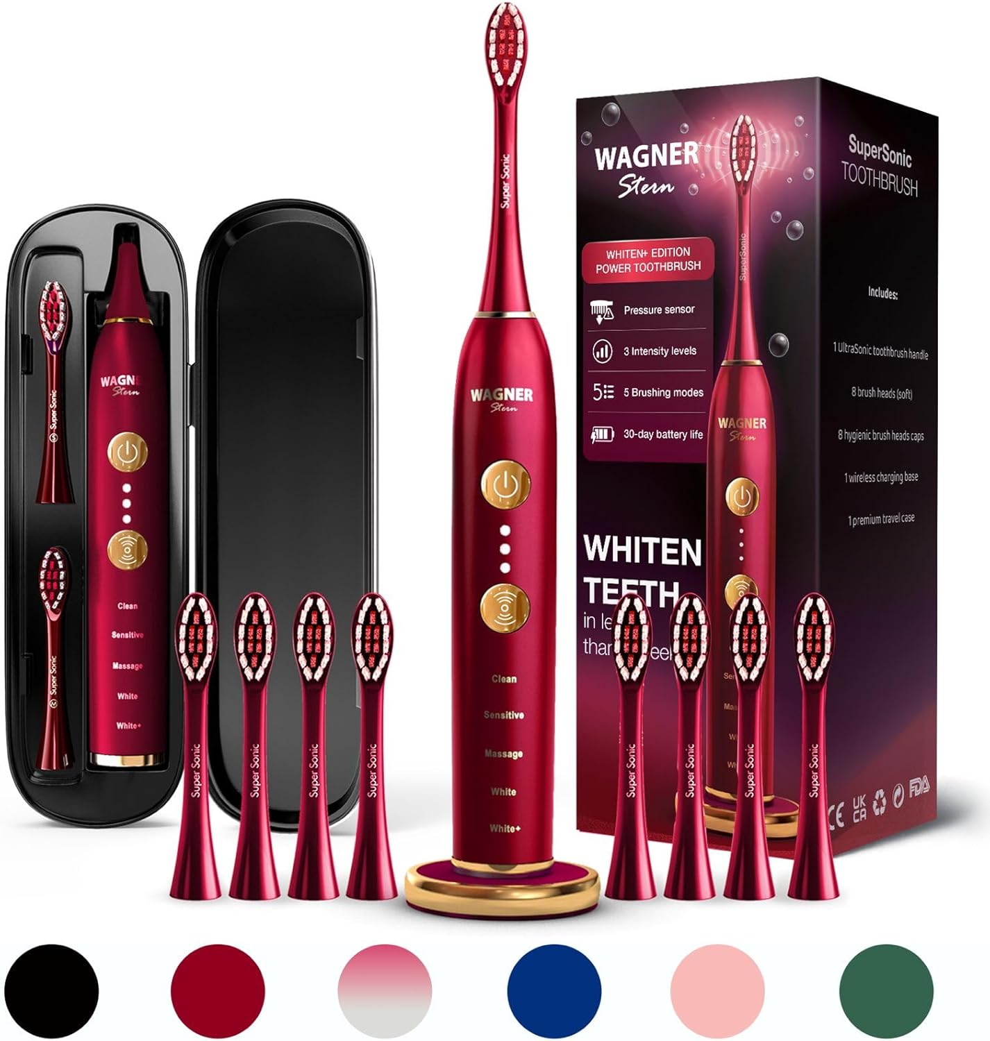 WHITEN+ Edition - Whitening Electric Toothbrush with Pressure Sensor - Offers 5 Brushing Modes, 3 intensities, 8 Soft Brush Heads, and a Luxury Travel case - Ruby Red