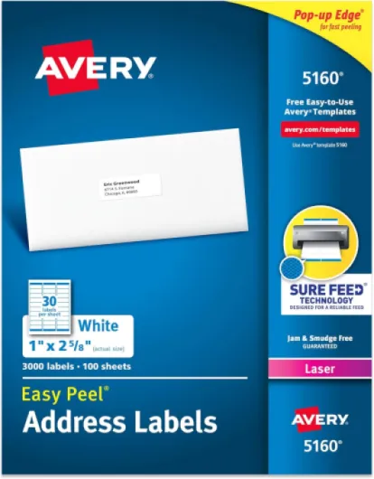 Avery Easy Peel Printable Address Labels with Sure Feed, 1" x 2-5/8" Customizable Stickers, White, 3,000 Blank Mailing Labels, Great for Mailing, Shipping, and More (5160) 3,000 labels