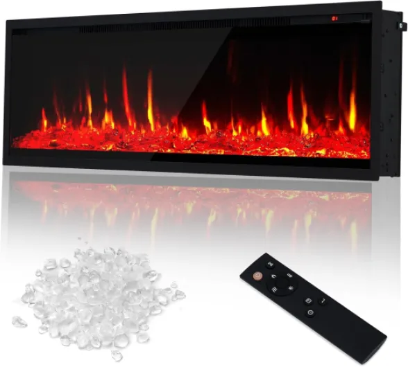 60 Inch Recessed & Wall Mounted Electric Fireplace - Ultra-Thin Linear Electric Fireplace Heater with Remote Control, 750/1500W Dual Heating, 12 Flame Colors, Log & Crystal Options