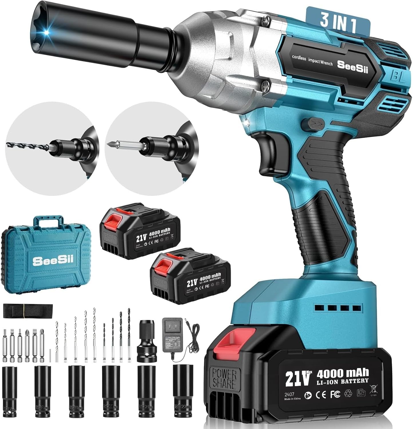 Cordless Impact Wrench 1/2 inch, High Torque 479 Ft-lbs(650Nm) Brushless Impact Gun,2500RPM w/2x4.0 Battery, 6 Sockets,8 Drill Bits, High Torque Power Impact Driver for Car Home,WH700