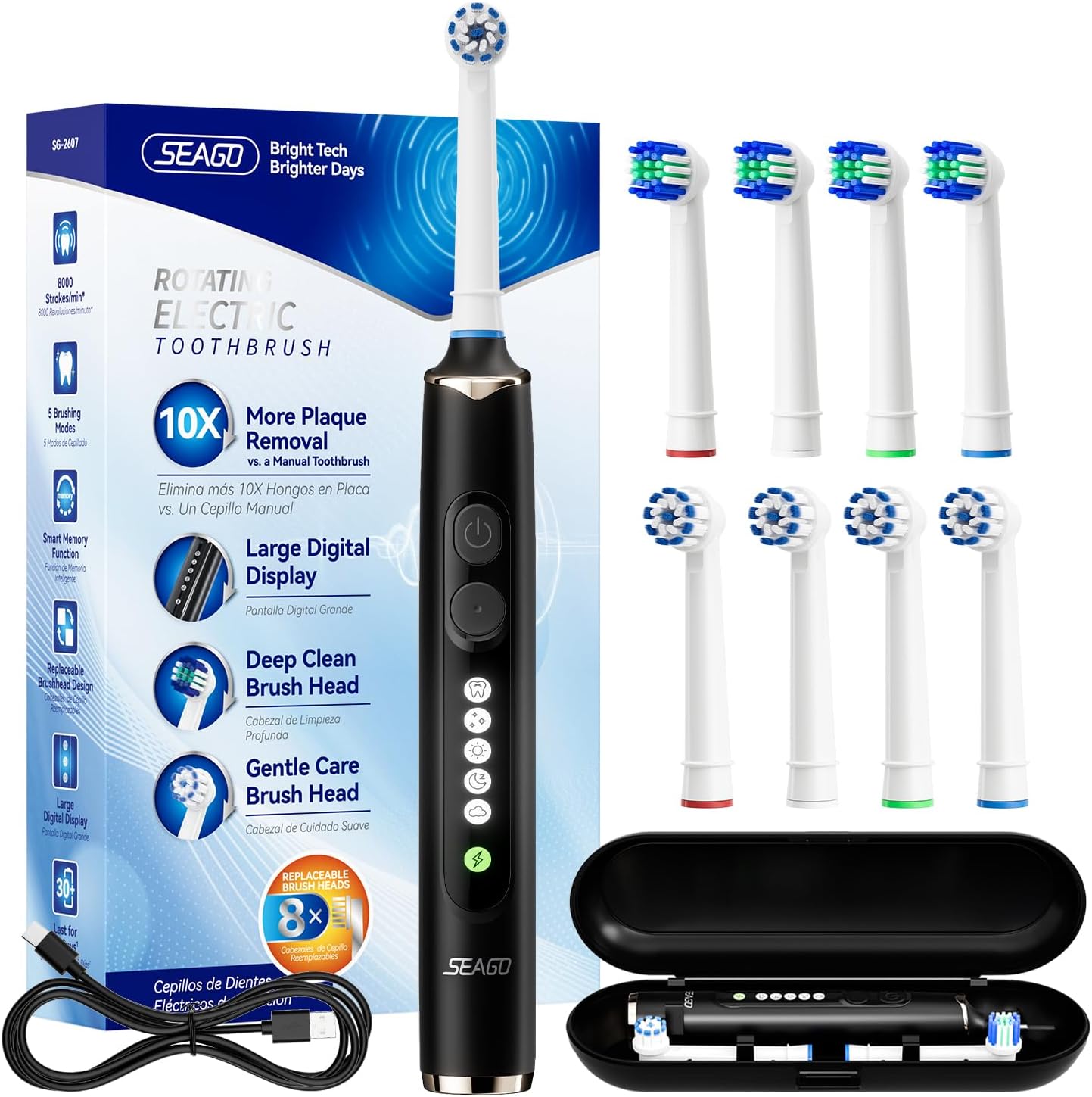 Soft Round Electric Toothbrushes with 8 Spin Brush Heads, 5 Cleaning Modes, Rechargeable Sonic Toothbrush with Timer and Travel Case for Adults and Kids(SG-2607-Black Black 1 Count (Pack of 1)