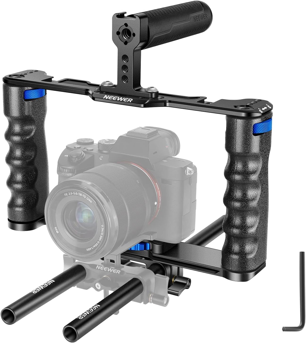Aluminum Alloy Camera Cage, Filmmaking Rig with Top Handle, Dual Grips & Arca Type Base, Compatible with Sony A7S III A7IV A6600 Canon EOS R5C R5 R6 DSLR/Mirrorless Cameras - VS107, Blue VS107 Blue