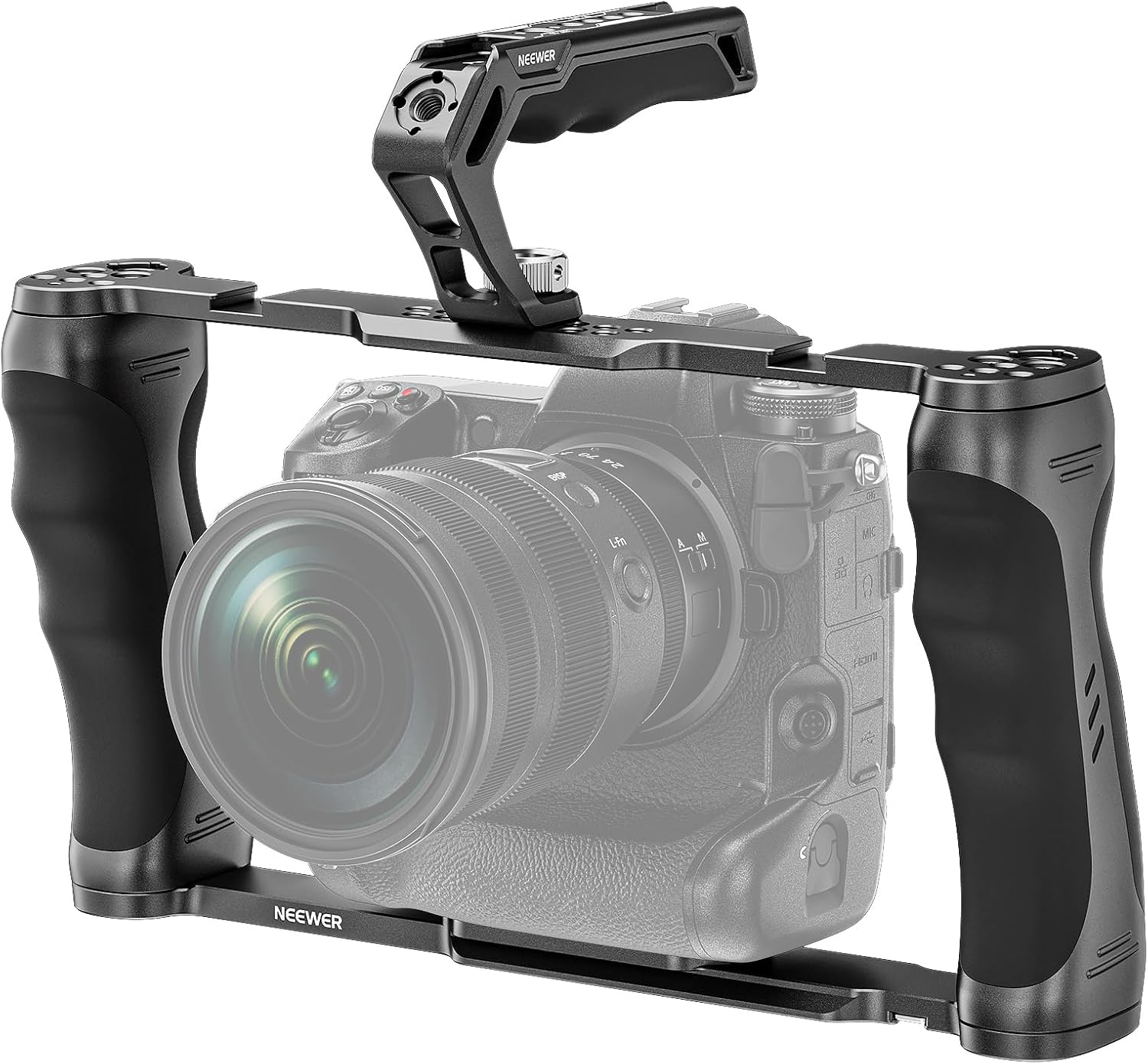 Universal Camera Cage & Top Handle with 3/8" ARRI Locating Pins Kit, Video Rig Camera Stabilizer with Arca Type Base, Dual Handgrips, Compatible with SmallRig Accessories, CA016T