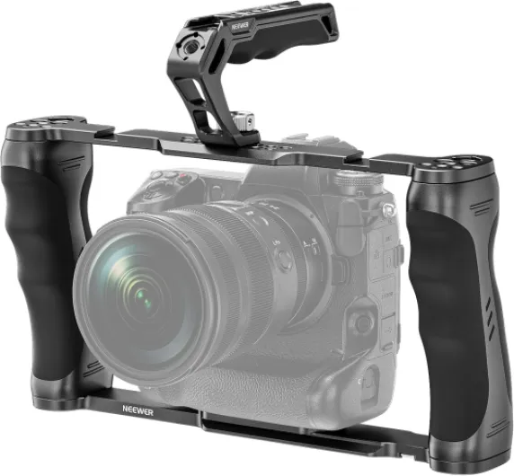 Universal Camera Cage & Top Handle with 3/8" ARRI Locating Pins Kit, Video Rig Camera Stabilizer with Arca Type Base, Dual Handgrips, Compatible with SmallRig Accessories, CA016T