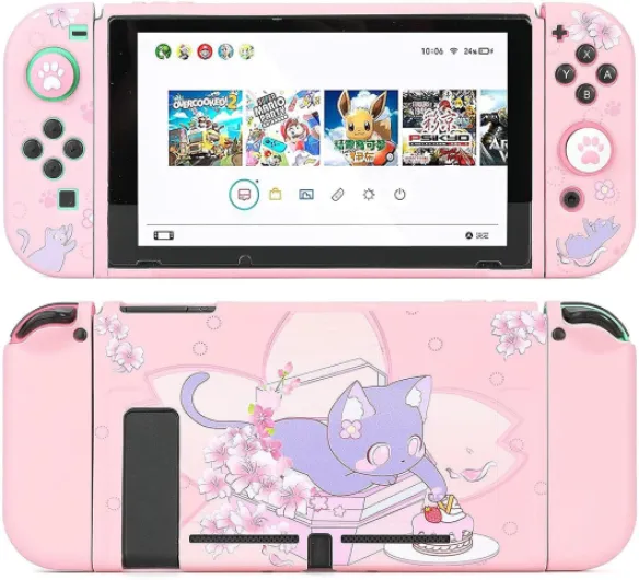 GamePals Cute Protective Shell for Switch, Soft Dockable Case for Nintendo Switch Console and Joycon with 2 Thumb Grips, Anti-Scratch Slim Cover, Sakura Cat (Pink)