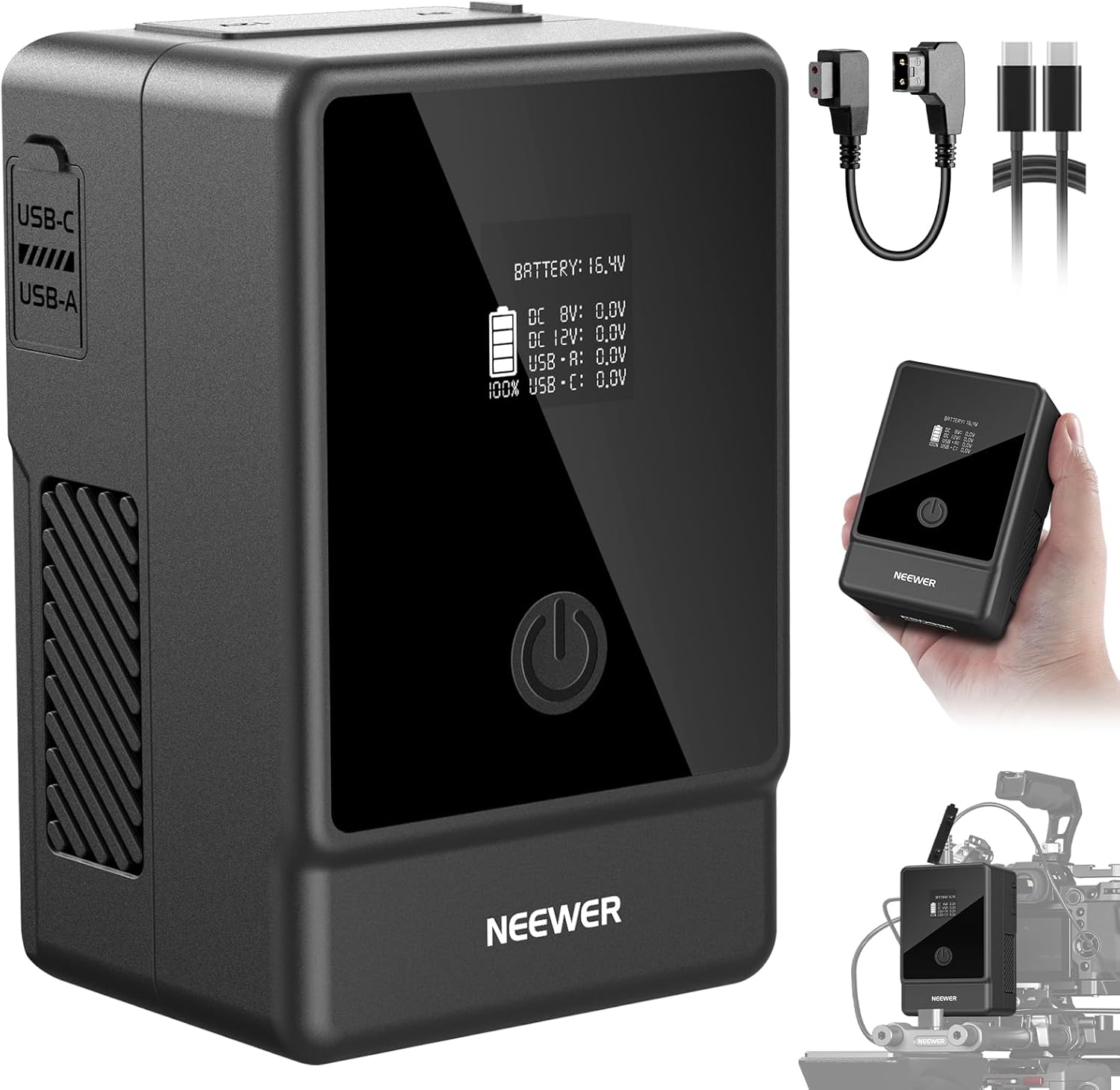 Basics V Mount Battery PS099E, 6800mAh/99Wh Mini V Lock with OLED Display, D Tap/Type C Cable, PD65W USB C Fast Charging, D Tap/BP/USB A/DC Output for Video Camera Monitor Camcorder Filmmaking PS099EB