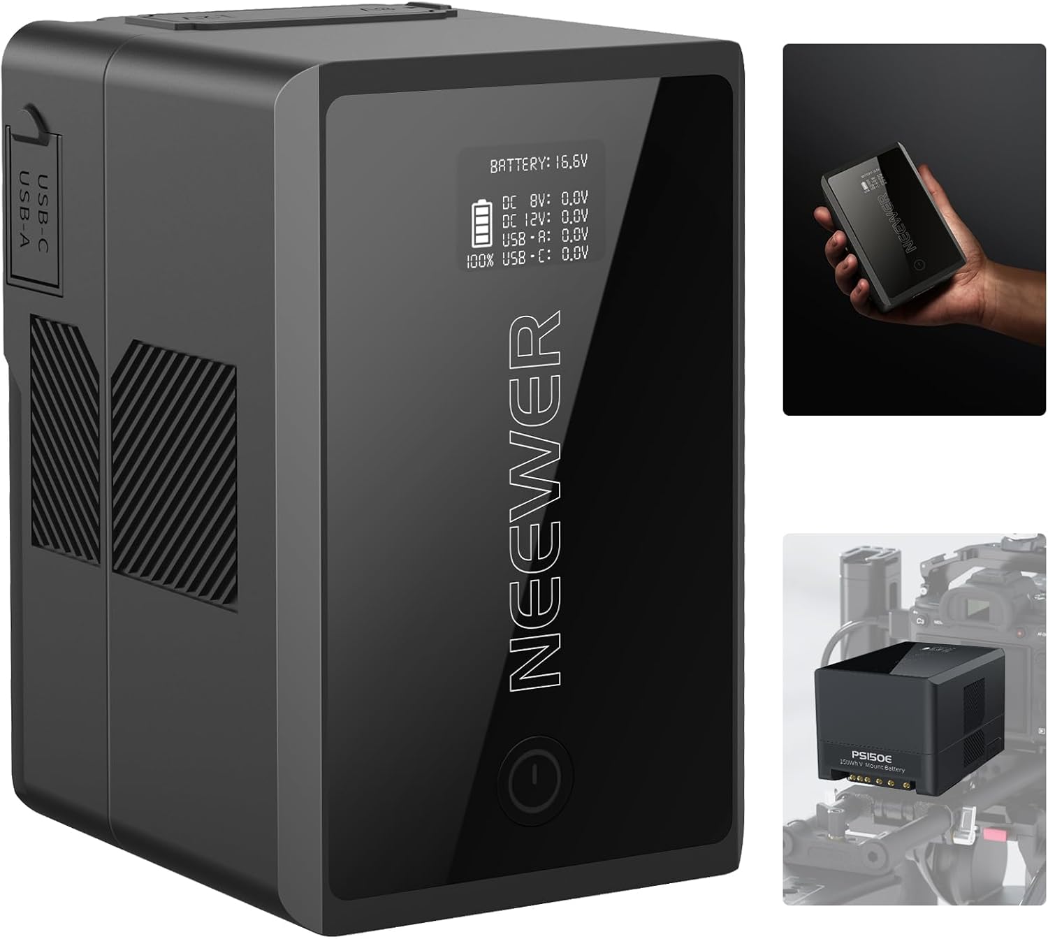 V Mount Battery PS150E Supports 100W PD USB C Fast Charging, 10350mAh 150Wh 14.54V, with D Tap/USB C/USB A/BP/Dual DC Ports/OLED Screen, V Lock Battery for Camera Camcorder Monitor Video Light