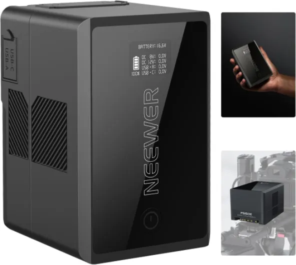 V Mount Battery PS150E Supports 100W PD USB C Fast Charging, 10350mAh 150Wh 14.54V, with D Tap/USB C/USB A/BP/Dual DC Ports/OLED Screen, V Lock Battery for Camera Camcorder Monitor Video Light