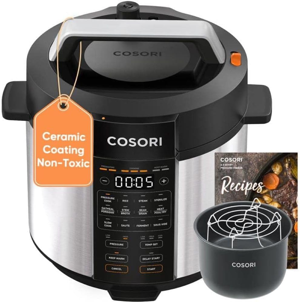 Pressure Cooker 6QT, Stainless Steel, 9-in-1 Multi Cooker, 12 Safety Features, Ceramic Inner Pot, Rice, Slow Cook, Sous Vide, Saute, 1100W