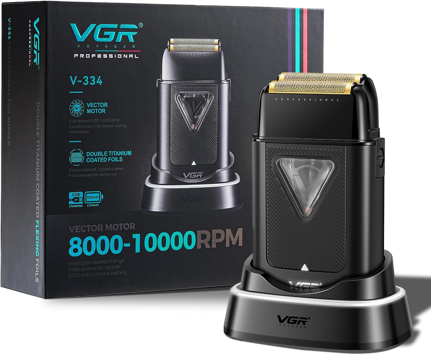 334 Foil Shaver for Men, Professional Electric Razor for Shaving Face & Bald Head, 10000RPM Vector Motor, Double Titanium Foils, LED Display, USB Charging Base, Men's Electric Shavers for Barbers