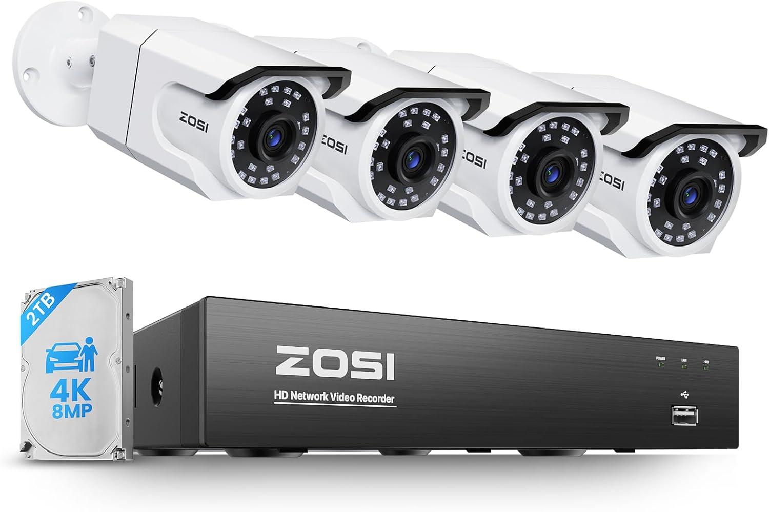 4K PoE Security Camera System,4pcs 8MP Indoor Outdoor Bullet Cameras with Person Vehicle Detection,People Counting,One-Way Audio,100ft Night Vision,4K/8MP 8CH NVR with 2TB HDD for 24/7 Recording 8CH+4Cam+2TB